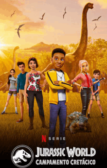 a poster for jurassic world campamento cretacido shows a group of kids standing next to dinosaurs