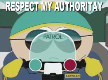 cartman from south park is wearing sunglasses and a hat that says patrol on it