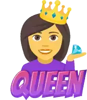 a woman with a crown on her head is holding a diamond and the word queen is behind her