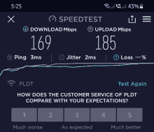 a screenshot of a speedtest app shows that the customer service of pldt is much worse than expected