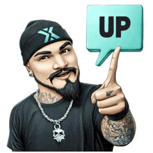 a man with a beard is giving a thumbs up and holding a speech bubble that says up