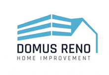 a logo for domus reno home improvement shows a house with a roof