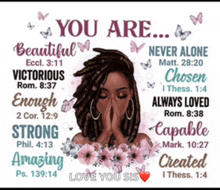 a poster that says you are beautiful never alone victorious strong capable amazing love you sis