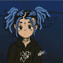 a drawing of a person with blue hair and a black hoodie