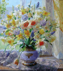 a painting of flowers in a purple vase with the year 1914 on the bottom right corner