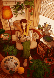 a cartoon drawing of a girl sitting in a chair with a cat on her lap