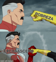 a man with a mustache is being punched by a woman with the word pobreza on her hand