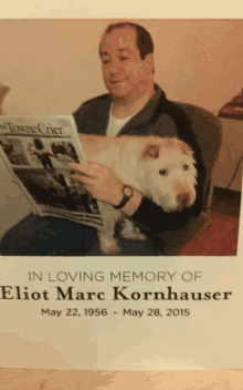 a picture of a man reading a newspaper with a dog on his lap