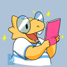 a cartoon drawing of a lizard reading a pink book