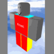 a roblox character is wearing a red and yellow shirt with the word front on it