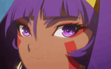a close up of a person 's face with purple eyes