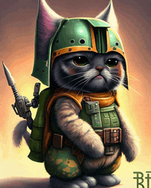 a cat wearing a helmet and holding a gun with the letter bt in the corner