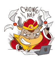 a cartoon drawing of a bull with the words " chiong ah "