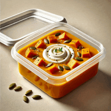 a container of soup with pumpkin slices and whipped cream