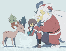 a cartoon drawing of a man dressed as santa claus giving a gift to a child