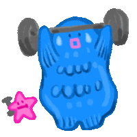 a blue monster lifting a barbell next to a pink star