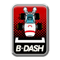 a b-dash logo with a picture of a race car on it