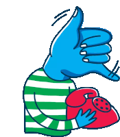 a blue hand is holding a red phone and giving a thumbs up sign