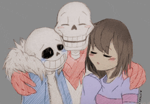 a drawing of a girl hugging two skeletons with the name eccentric written on the bottom right