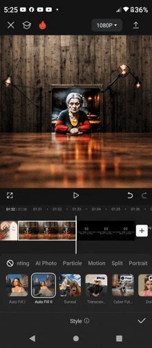 a screenshot of a video editing app shows a woman sitting at a table in front of a picture