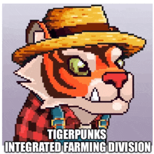 a pixel art of a tiger wearing a straw hat and a plaid shirt