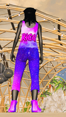 a woman wearing a purple tank top that says rico on it