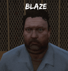 a close up of a man 's face with the name blaze above him