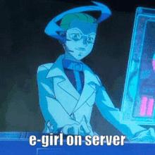 a cartoon character says e-girl on server in white letters