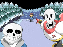 a cartoon drawing of two skeletons and a girl in the snow