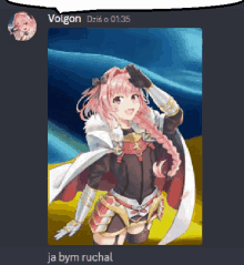 a picture of a girl with pink hair and a speech bubble that says volgon on it