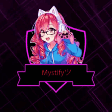 a logo for mystify shows a girl with glasses and cat ears