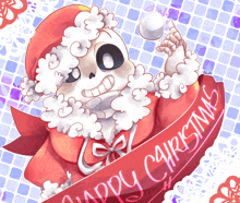 a drawing of a skeleton wearing a santa hat and holding a snowball with the words happy christmas on it