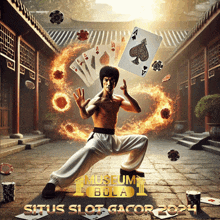 a poster for situs slot gacor shows bruce lee throwing playing cards