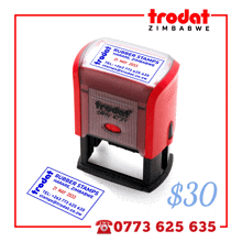 a red trodat zimbabwe rubber stamp with the price of $ 30