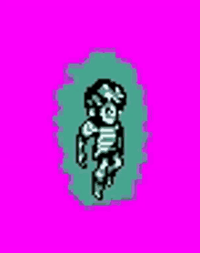 a pixel art of a zombie walking on a pink background