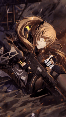 a girl holding a gun with the number 404 on her glove