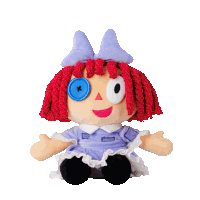 a stuffed doll with red hair and a button on her eye