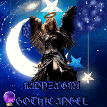 a picture of a gothic angel with a crescent moon behind her