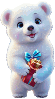 a polar bear holding a red gift with a blue bow