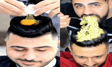 a man is eating noodles from a spoon in his hair .