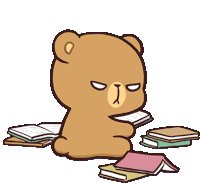 a cartoon of a teddy bear sitting on the floor reading books