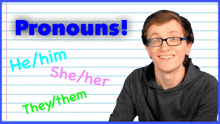 a man with glasses sits in front of a sign that says pronouns he / him she / her they / them