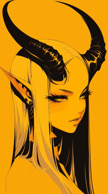 a drawing of a girl with long hair and horns on her head