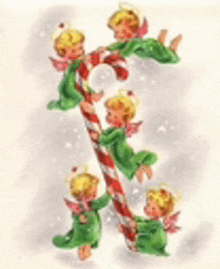 a christmas card with angels holding a candy cane in the snow .