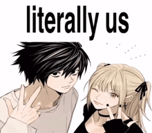 a couple of anime characters with the words literally us on the bottom