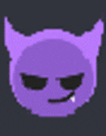 a pixel art of a purple devil face with horns smoking a cigarette .