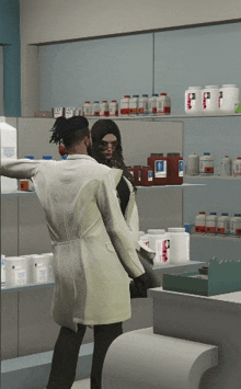 a man and a woman are standing in a pharmacy looking at bottles