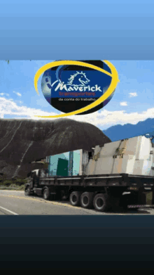 a maverick truck is driving down a road with a mountain in the background