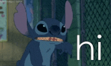 stitch from lilo and stitch is standing in front of a chain link fence and says hi