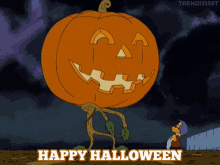 a cartoon of a pumpkin with the words happy halloween on it